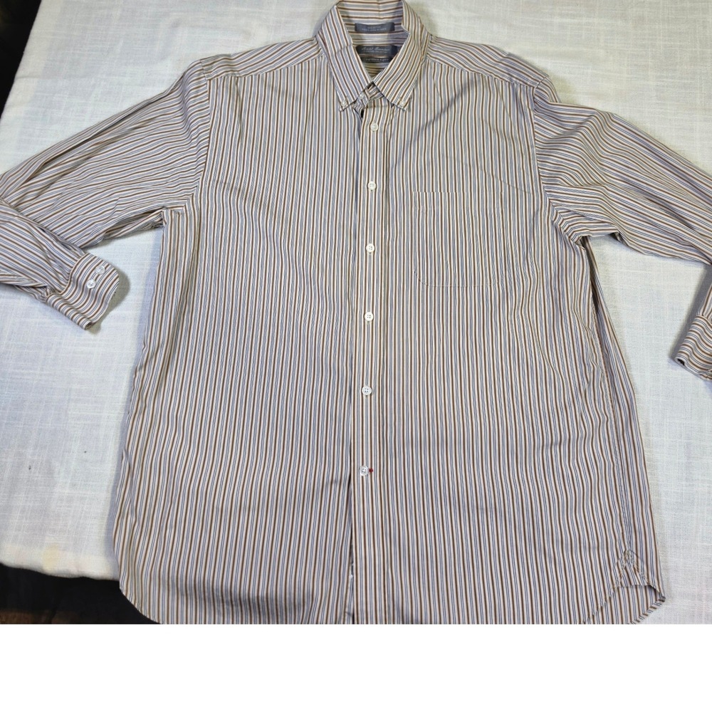 Daniel Cremieux Signature Mens Brown Blue Striped Button Down Shirt Long Sleeve